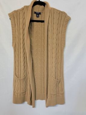 Chaps Cable Knit Sleeveless Cardigan Vest - Camel Size Large